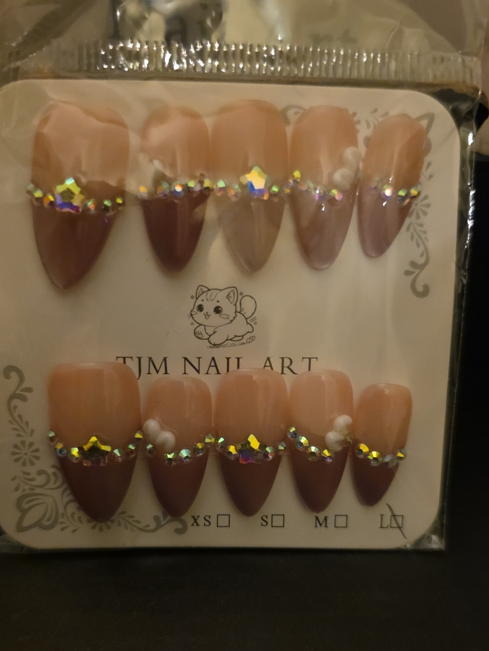 Nude & Brown Crystal Accent Press-On Nails Large